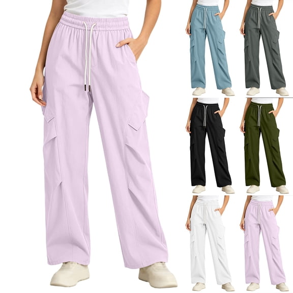 Women's Cargo Pants, Wide Leg Pants with Elastic Waist, Drawstring & Pockets, Outdoor Hiking Athletic Gym Wear | VerBelle,Army Green L