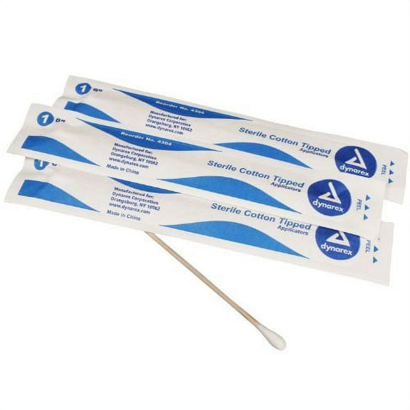 Dynarex Cotton Tipped Wood Applicators - 6 inches, 2 Applicators per Pouch, 100 Pouches per Box, 200 Applicators Total