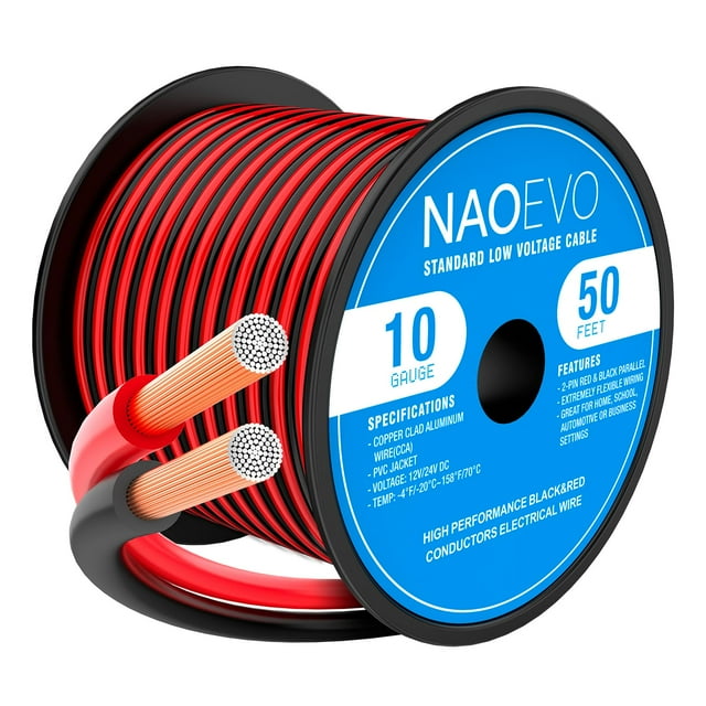 Cable eléctrico NAOEVO, calibre 10, 50 pies/15 m, rojo y negro, 10 AWG