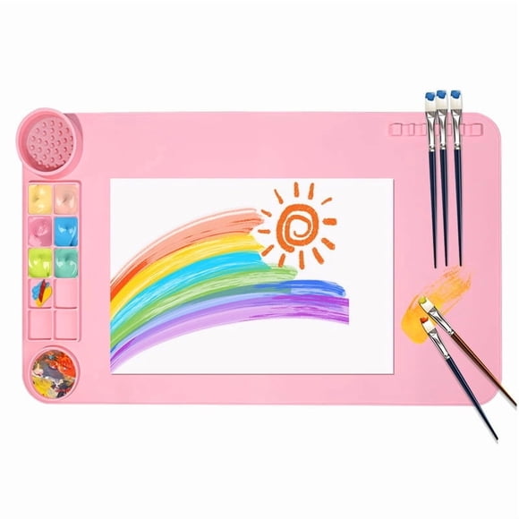 weibbin Silicone Art Painting Mat with Cup Holder, Large 20x11in Spill-Proof Work Surface, Washable & Reusable Craft Mat for Painting, Drawing, and Projects Pink