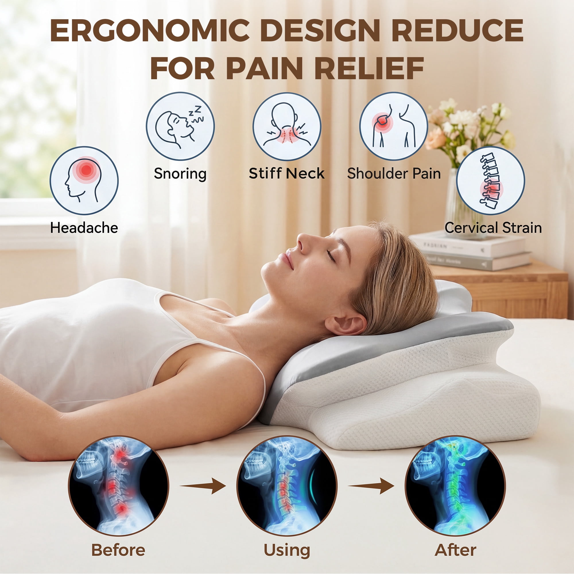 Riousery Cervical Neck Support Pillow, Memory Foam Contour Pillow for Back and Side Sleepers, Dual-Height Design, Cooling Cover