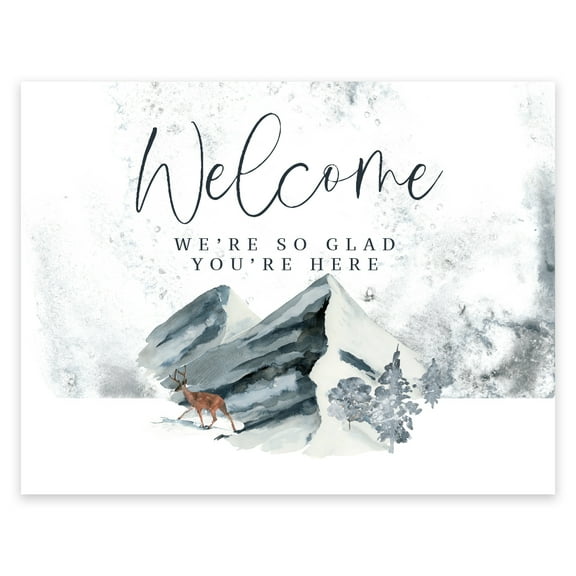 Koyal Wholesale Unframed Winter Snowy Woodland Forest Watercolor Party Sign, Welcome We're So Glad You're Here, 1- Pack