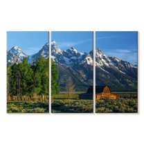 Elephant Stock Grand Teton Mountains Barn Wall Art - Horizontal Multi Panel Canvas - Living Room Wall Decor - Nature Multi Panel - Green And Blue Decor - 33" x 20"