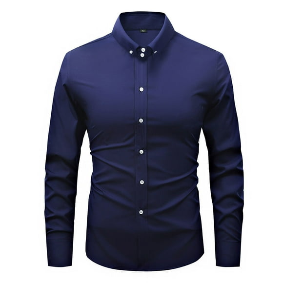 LMKIHUSA Mens Business Casual Plain Shirt Lightweight Long Sleeve Button Tops 4 Way Stretch Lapel Blouses Slim Fit Dress Shirt Dark Blue,XXL
