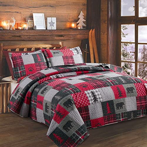 Bedspread Coverlet Queen Size Rustic Quilt Set Bedding Queen Plaid Quilt Bedding Lightweight Bedspread Lodge Cabin Bear Bedding Country Patchwork Quilt Bedspread Coverlet Rustic Reversible Quilts