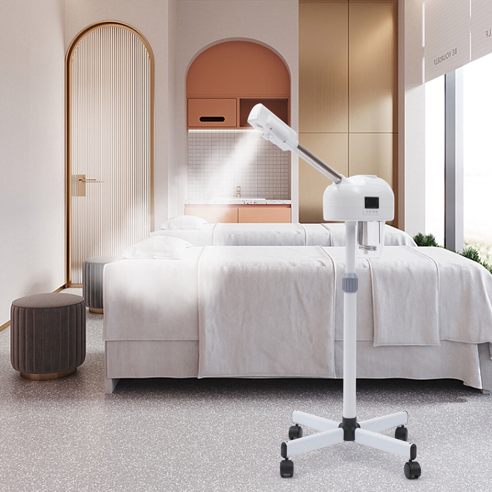 Miumaeov Professional Facial Steamer with Hot Mist Function with 360 Rotating Nozzle and Adjustable Height LCD Rolling Facial Steamer for Beauty Salon or Home