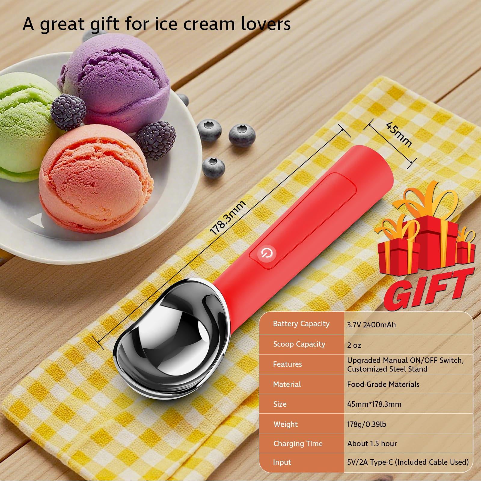 Heated Ice Cream Scoop with Holder, Red, Gen 3.0 USB Rechargeable Kitchen Gadget