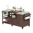 thumbnail image 5 of Euroco 75.4" Outdoor Kitchen Island with Sink, Solid Wood Outdoor Grill Cart for Big Green Egg Grills, Rolling Outdoor Bar Cart with Stainless Steel Top, for Pizza Prep & BBQ, 5 of 24