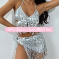 thumbnail image 5 of 1 Set Summer Bathing Suit Multi Tassels Solid Color Lace Up Halter Neck Low-cut Swimming Backless Shiny Sequins Lady Bikini Set Water Sports Clothes, 5 of 6