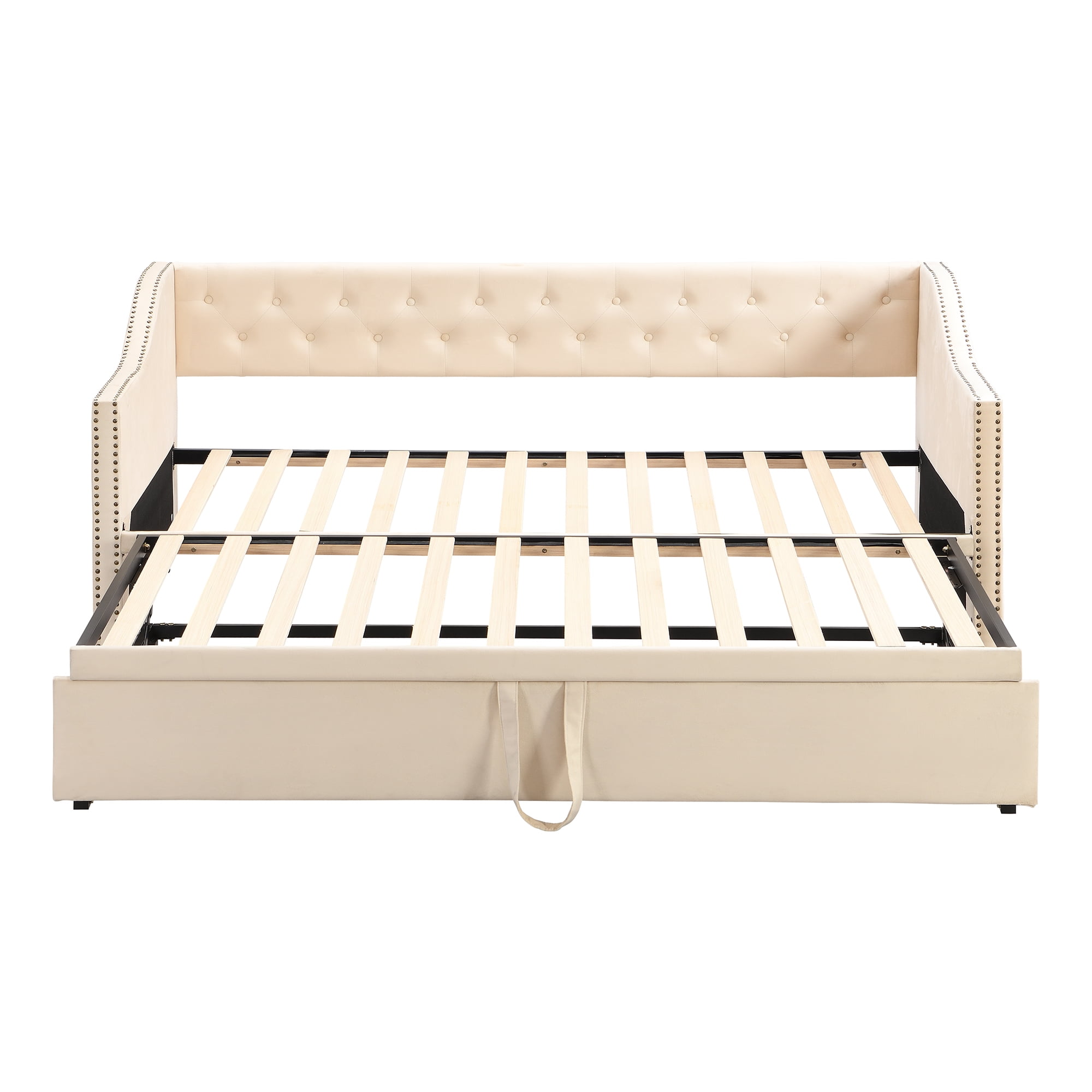 Aukfa Twin Daybed with Pop-Up Trundle, Velvet Upholstered Bed Frame with Button Tufted Back and Nailhead Trim, Space Saving Guest Bed for Kids Room/Living Room, Beige