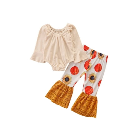 

Sunisery Infant Baby Girl Halloween Clothes Long Sleeve Romper and Pumpkin Flared Pants 2Pcs Fall Outfits Apricot 3-6 Months