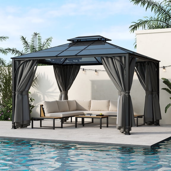 10'x12' Hardtop Outdoor Gazebo, Heavy Duty Double Roof Patio Gazebo with Aluminum Frame, Double-Layer Side Walls Mosquito Netting & Privacy Curtains for Patio, Garden, Backyard (Grey)