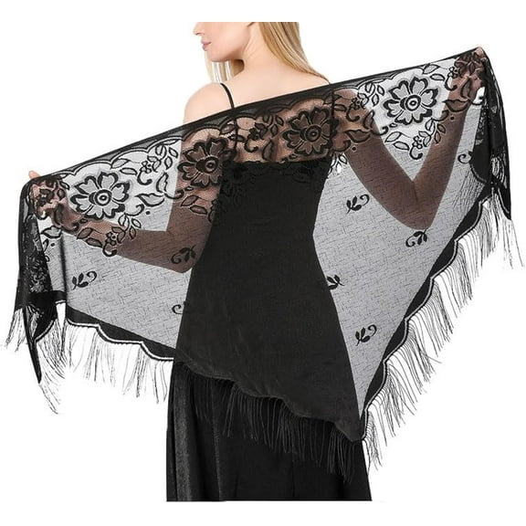 Women Lace Triangle Wraps Floral Mesh Shawls with Fringe 1920s Wedding Evening Party Dresses Scarves