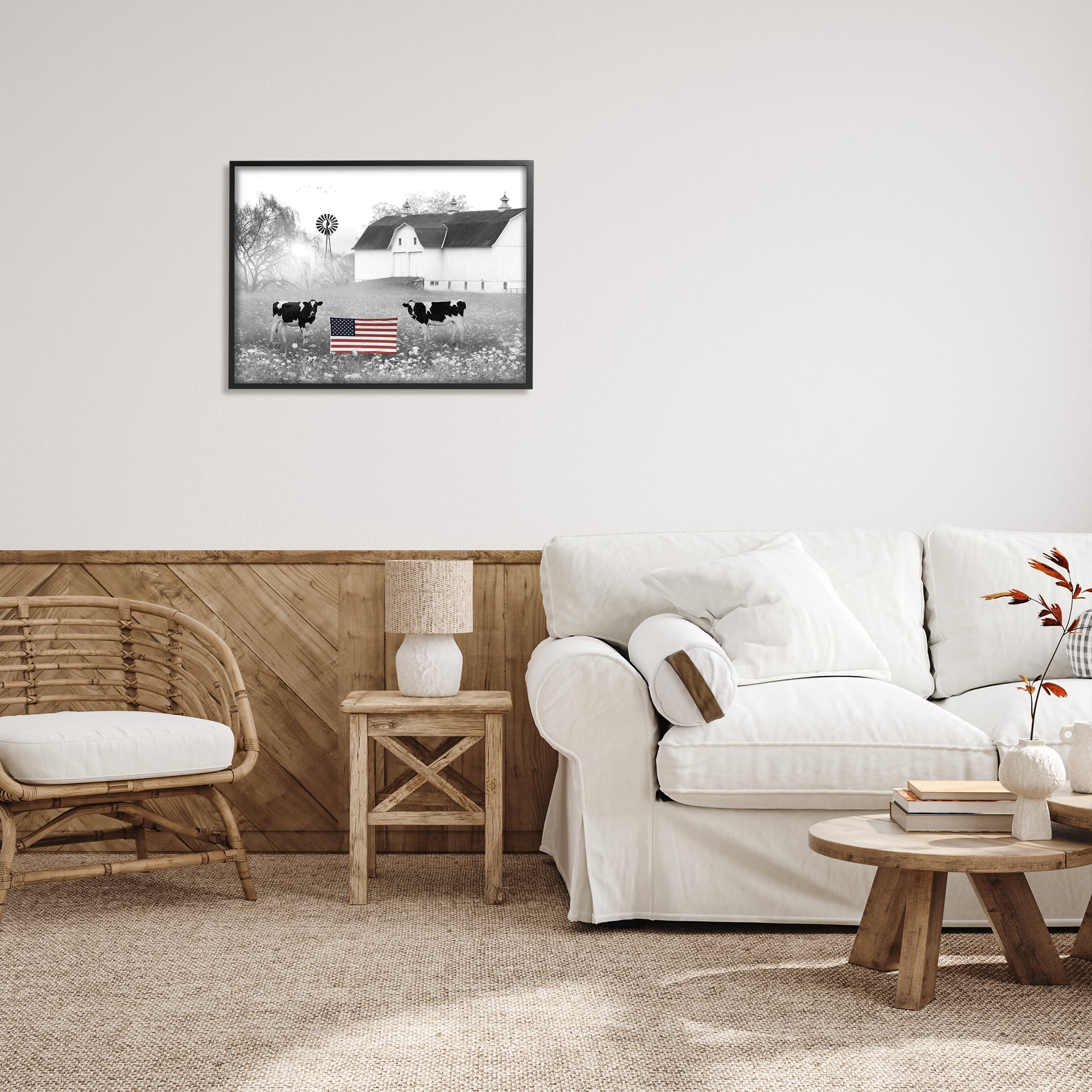 Stupell Americana Barn Country Cows Flag Animals & Insects Painting Black Framed Art Print Wall Art