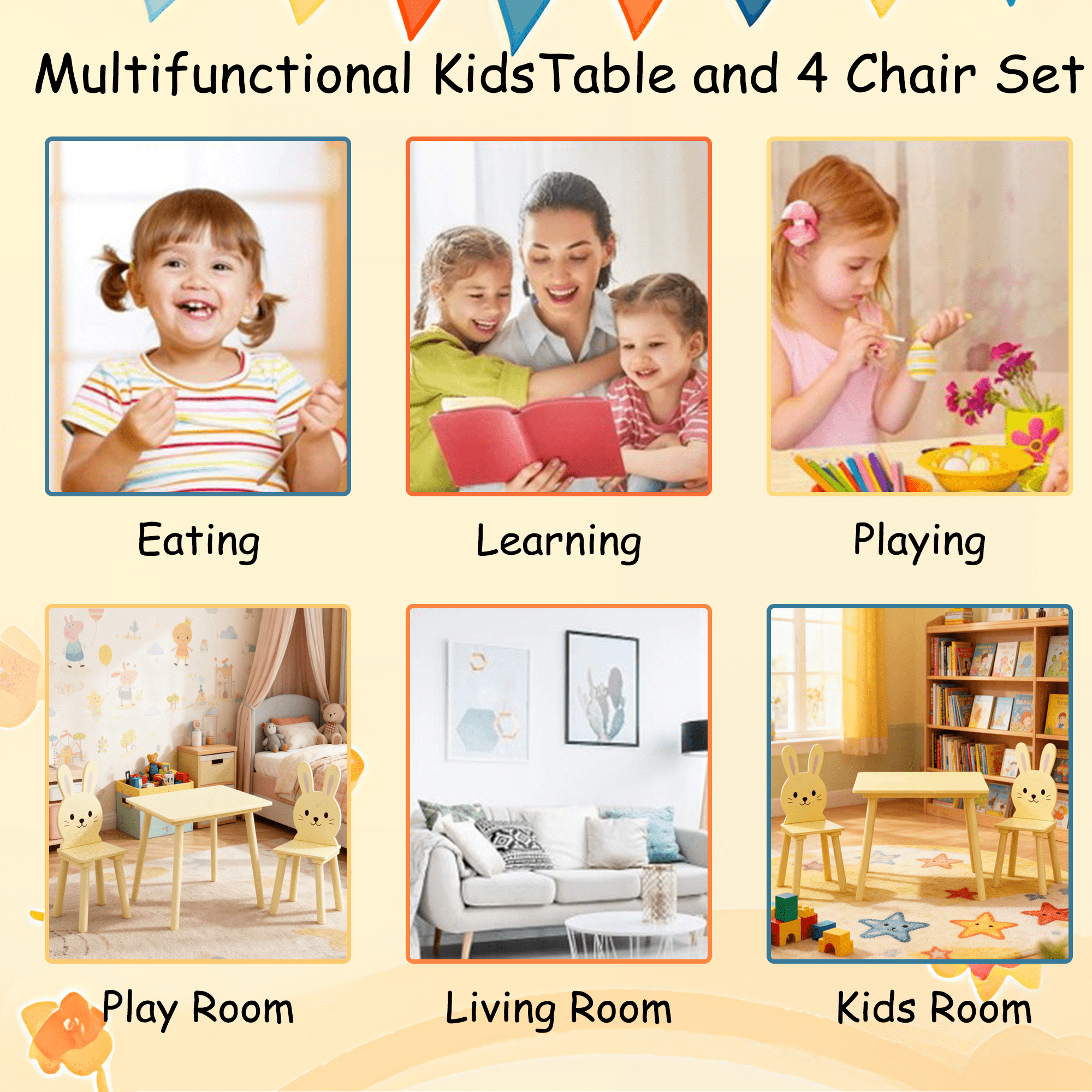 PORKISS Kids Table and 2 Bunny Chairs Set, 3 Pieces Wood Activity Table Drawing Play Table and Chairs Set, Adorable Animal Design Study Desk Table Chairs Set for Toddler, Yellow