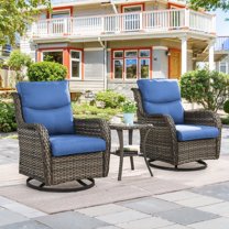Planntonneo 3 Piece Wicker Patio Furniture Sets, Outdoor Swivel Rocking Chairs Set of 2 with 5-inch Thick Cushions and Rattan Side Table for Deck Porch Pool, Grey/Blue
