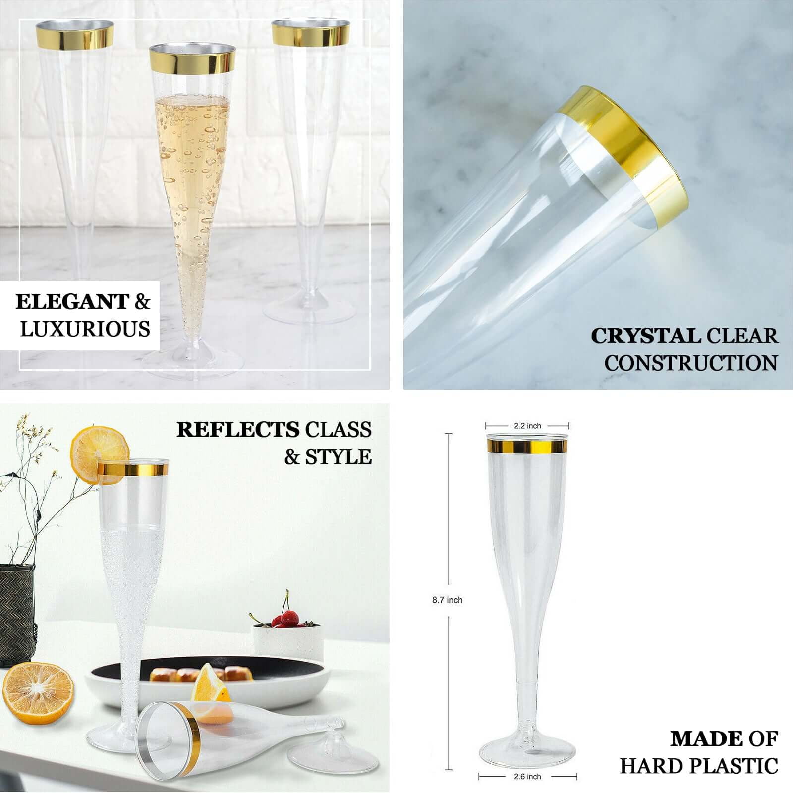 Efavormart 60 Pack 6oz Gold Rimmed Clear Champagne Flutes Cocktail Disposable Plastic Glasses - Perfect for Wedding Ceremonies, Birthday Celebrations, Upscale Occasions, and Special Events