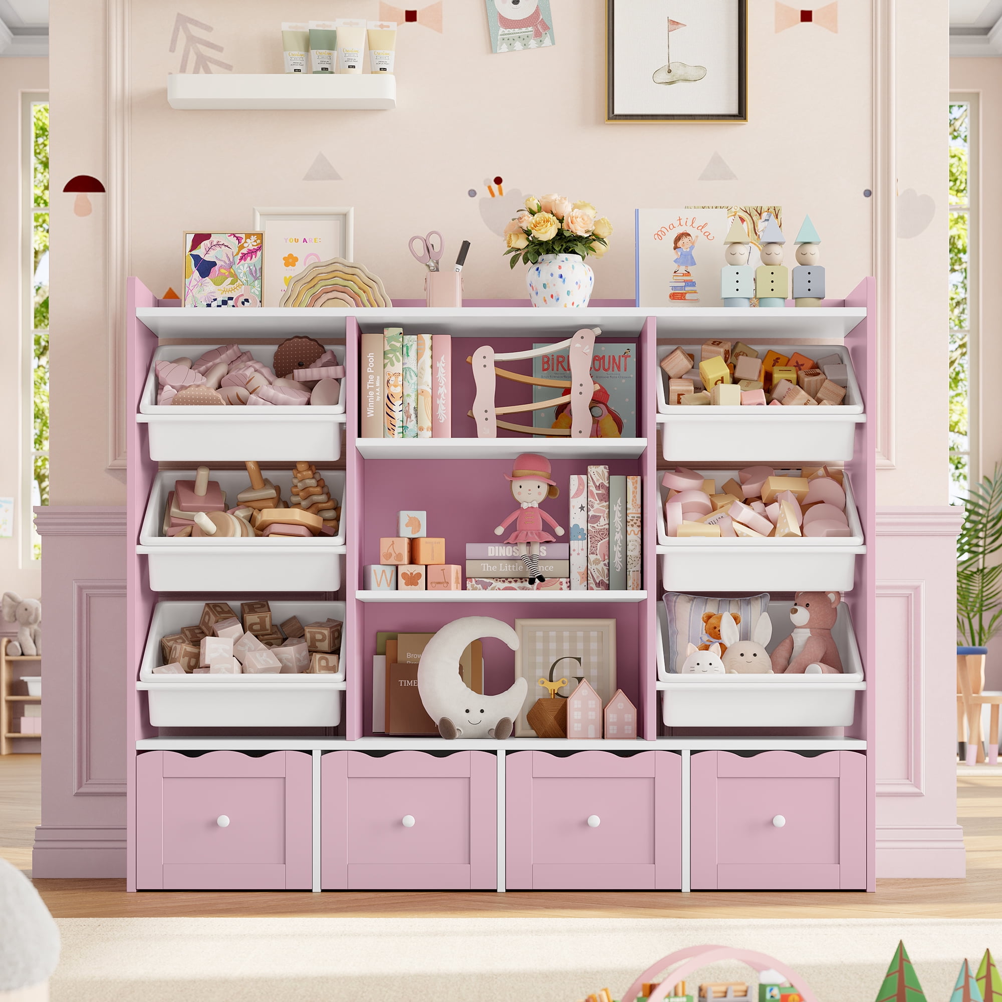 Hiphuta 55" Wide Toy Storage Organizer with 4 Removable Drawers, 4-Tier Kid Bookcase with 6 Bins, Toy Organizer with Bookcase for Kid Bedroom Playroom, Pink & White