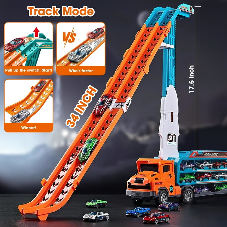 Hot Bee Car Carrier Truck Toys, 2.8-ft Foldable Race Track, 6 Die