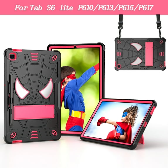 ELEHOLD Kids Case for Samsung Galaxy Tab S6 Lite 10.4" 2022/2020 , Heavy Duty Rugged Cover with Foldable Kickstand Crossbody Shoulder Strap Pencil Holder Shockproof Full Body Case,Black+Rose