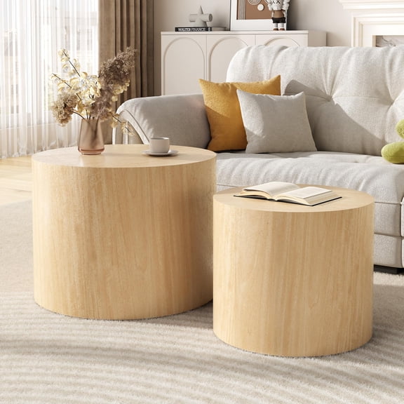 Yellow Nesting Drum Coffee Table Set Of 2, Round Wooden Accent Tables For Living Room