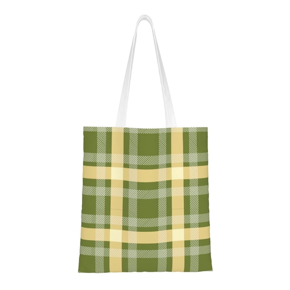 DouZhe Reusable Grocery Bags, Green White Christmas Plaid Lightweight Polyester Canvas Cloth Tote Bag for Travle Gym Shopping School, 15" x 16"