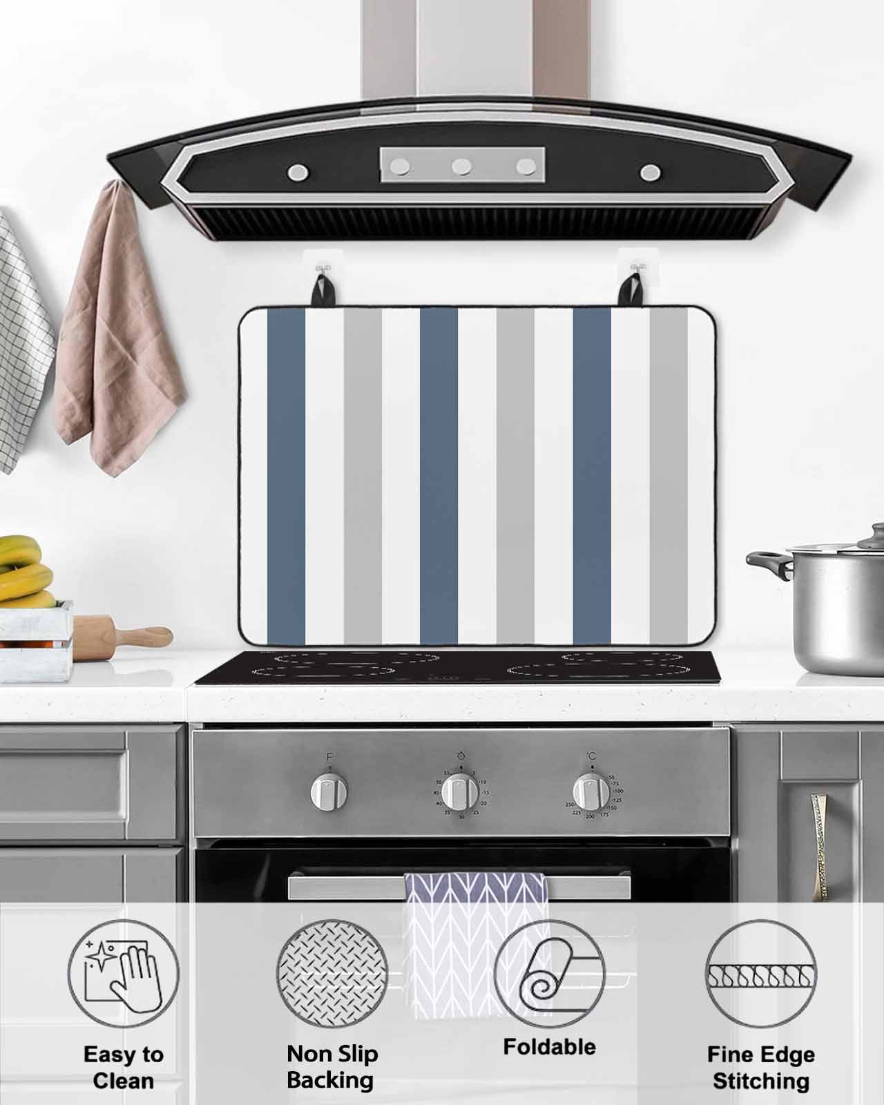 nqOlkjepod Large Induction Cooktop Protector Mat 36"x21", Blue Gray Striped Stove Top Covers for Electric Stove, Farmhouse Stripe Art Decorative Stove Burner Cover Mats, Glass Top Stove Cover