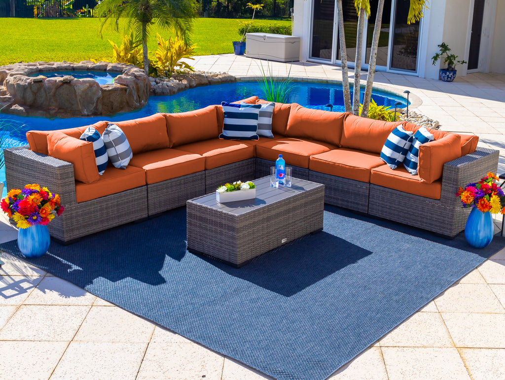 Sorrento 8-Piece Resin Wicker Outdoor Patio Sectional Sofa Set in Gray w/ Seven Sectional Seats and Coffee Table (Flat-Weave Gray Wicker, Sunbrella Canvas Tuscan) - image 1 of 3