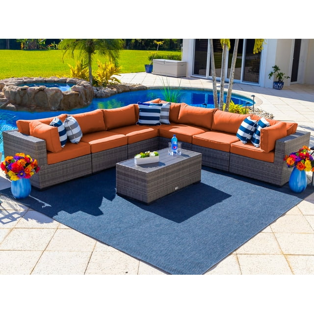 Sorrento 8-Piece Resin Wicker Outdoor Patio Sectional Sofa Set in Gray w/ Seven Sectional Seats and Coffee Table (Flat-Weave Gray Wicker, Sunbrella Canvas Tuscan)