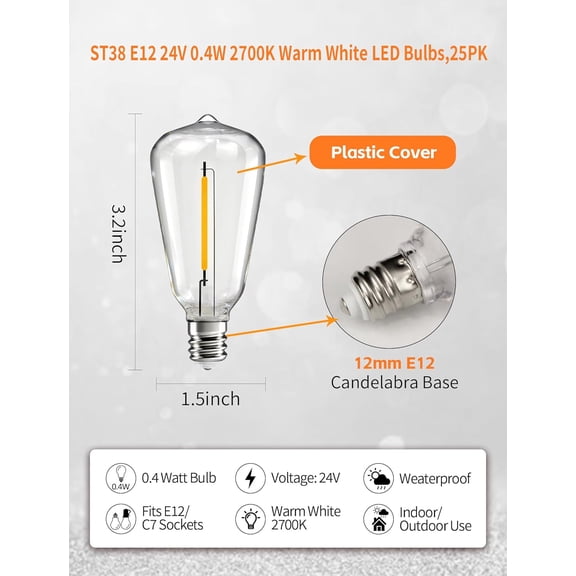 YNTVV-25-Pack 24V ST38 LED E12 Bulbs, 0.4W Warm Vintage Edison Style, Shatterproof for Outdoor String Lights – Not for 120V
