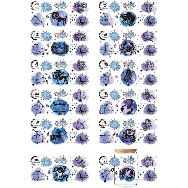 12 hojas de pegatinas de transferencia UV DTF para vasos, calcomanías para frotar con el signo zodiacal Escorpio, Leo, Virgo, pegatinas personalizadas impermeables con el signo del zodíaco UV DTF.