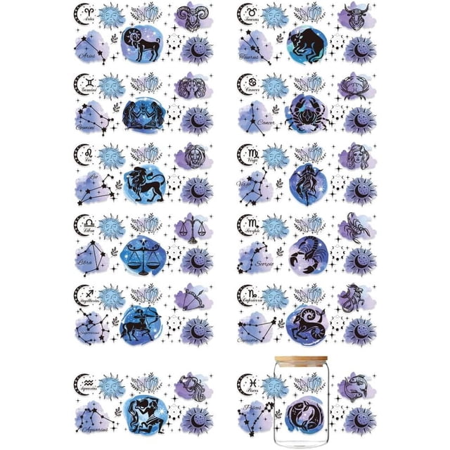 12 hojas de pegatinas de transferencia UV DTF para vasos, calcomanías para frotar con el signo zodiacal Escorpio, Leo, Virgo, pegatinas personalizadas impermeables con el signo del zodíaco UV DTF.