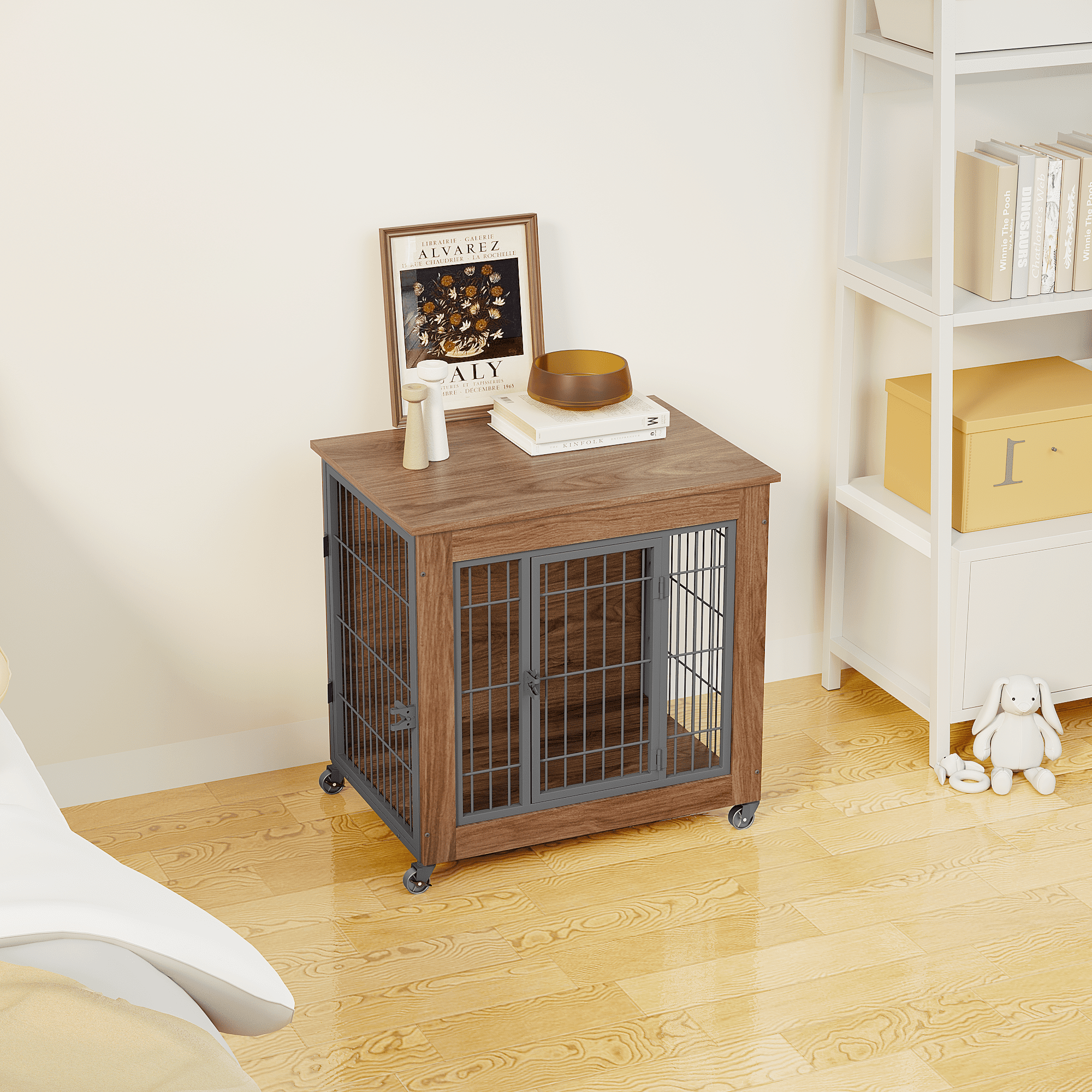 27.2" Dog Crate Furniture with Wheels, Wooden Indoor Pet Kennel End Table, Heavy Duty Double-Door Metal Dog Cage with Brake Casters, Sturdy Breathable Crate for Small Anxious Dogs