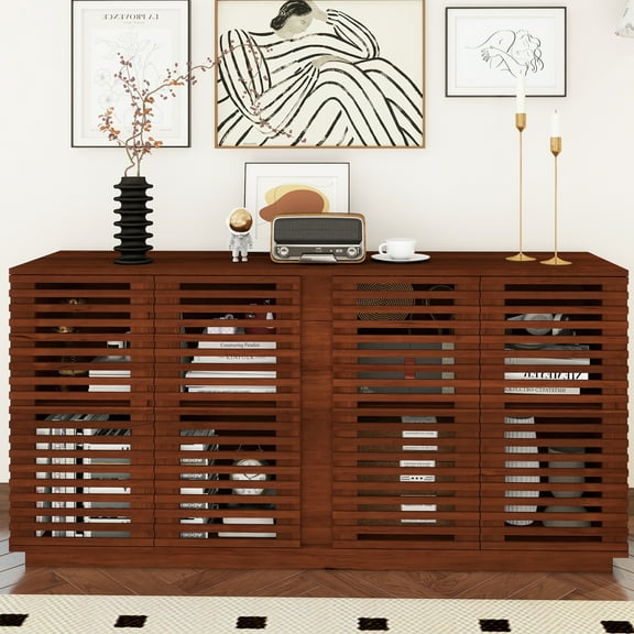 MDQMD 60''Vintage Brown Sideboard with 4 Hollow Doors for Living Room,Buffet Cabinet with Shelves,Large Credenza for Kitchen,Entryway