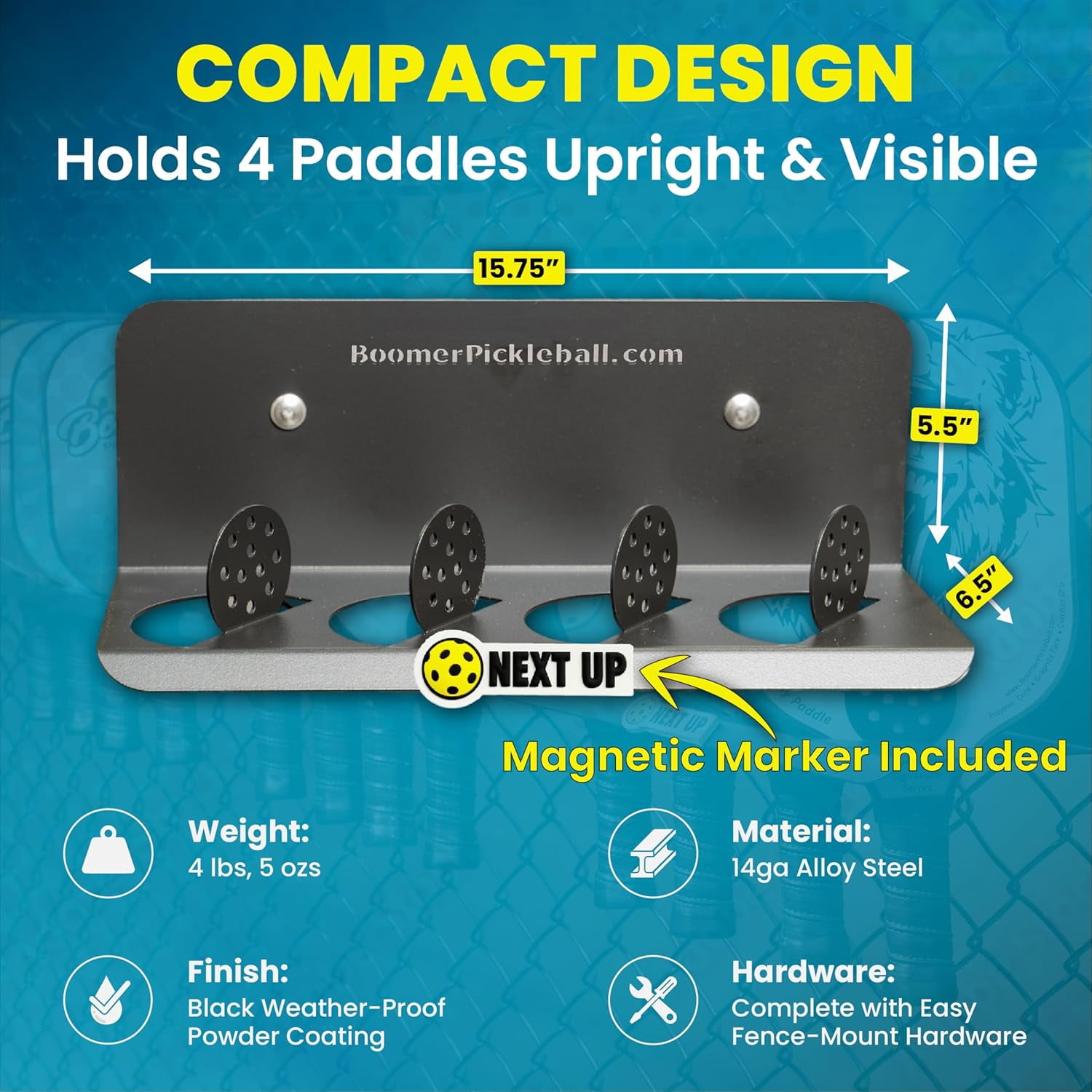 Boomer 45D Pickleball Paddle Rack, 4 Paddle Holder with 45 Degree Display, Heavy Duty Steel Court Organizer