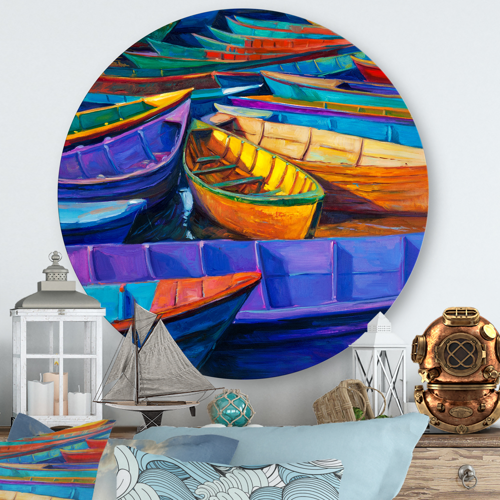 Designart 'Boats During Warm Sunset Resting On The Water II' Nautical & Coastal Circle Metal Wall Art 23x23 - Disc of 23
