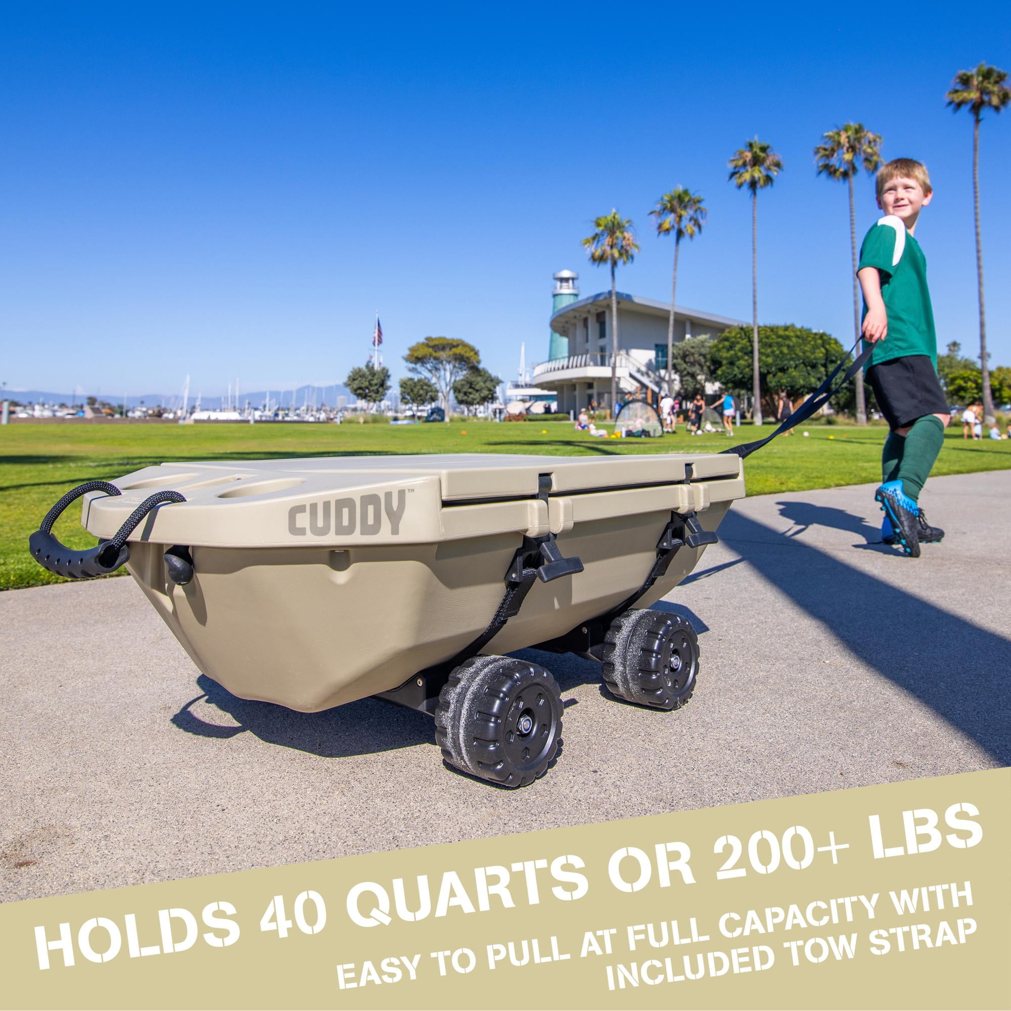 Cuddy 40 QT Floating Cooler and Dry Storage Vessel with Cuddy Crawler Wheel Kit - Tan