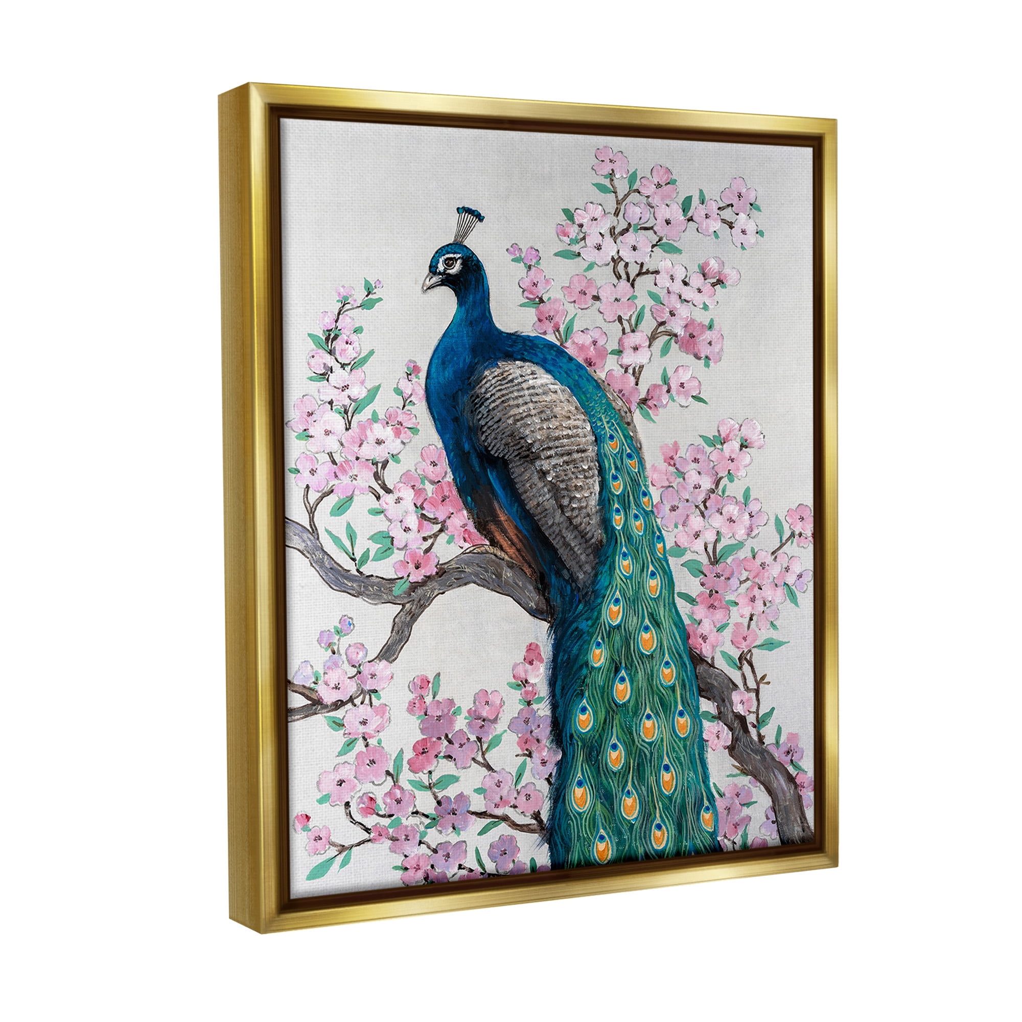 Stupell Industries Peacock & Cherry Blossoms Animals & Insects Painting Gold Floater Framed Canvas Art Print Wall Art, 17 x 21