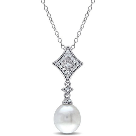 Miabella 8-8.5mm White Rice Cultured Freshwater Pearl and Diamond-Accent Sterling Silver Drop Pendant, 18
