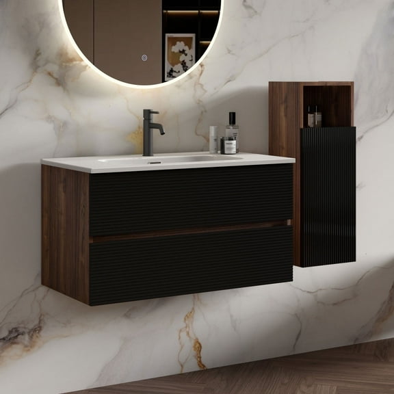 CITTANEO 36 Inch Bathroom Vanity Set with Ceramic Sink, 2 Drawers & Floating Side Cabinet – Modern Wood Wall-Mounted Storage Combo, Soft-Close, Walnut Finish