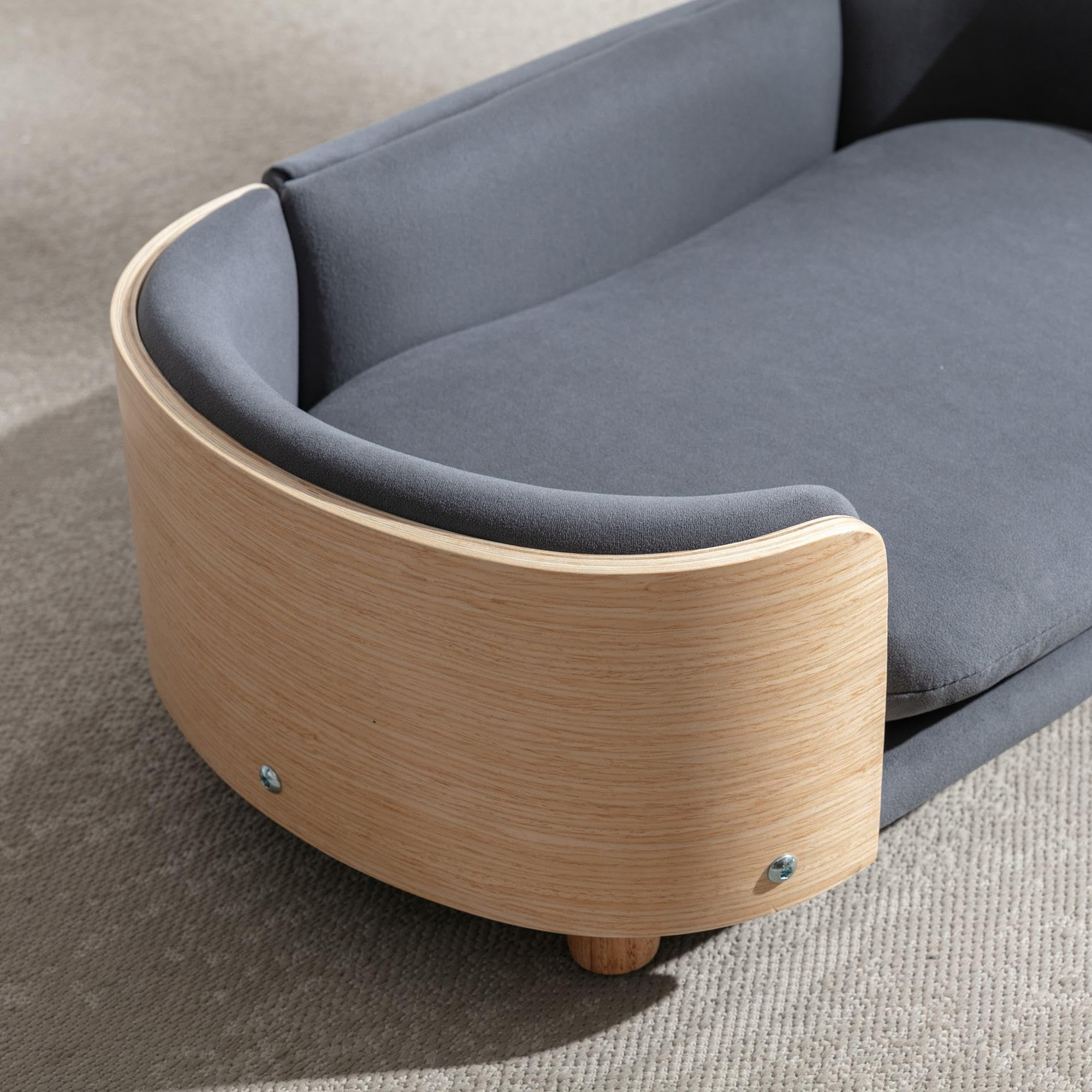 Scandinavian Style Elevated Dog Bed Pet Sofa with Solid Wood Legs and Bent Wood Back, Velvet Cushion, Small Size, Natural Frame & Dark Grey Cushion