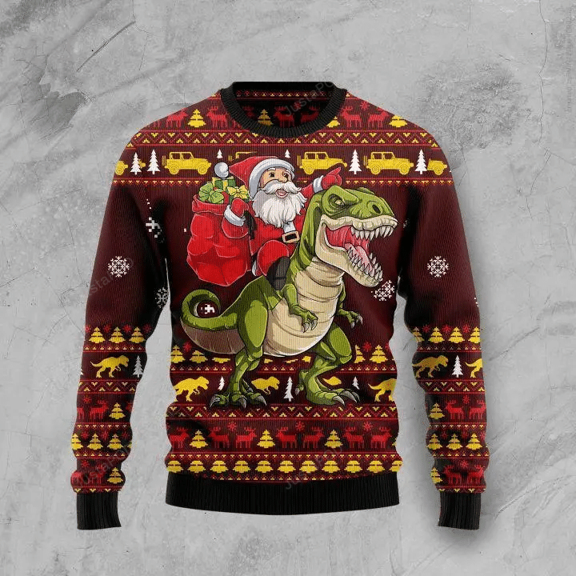 Santassic Park Ugly Christmas Sweater for Unisex, Funny Dinosaur Holiday Pullover, T-Rex Xmas Sweater Gift, Festive Jurassic Outfit