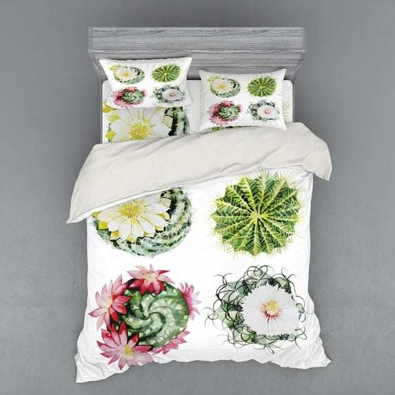 Cactus Duvet Cover Set, Retro Mexican Hot Desert Cactus Flower Plant Botanic Nature Vintage Print Image, Bedding Set with Shams and Fitted Sheet, 3 Sizes, by Ambesonne