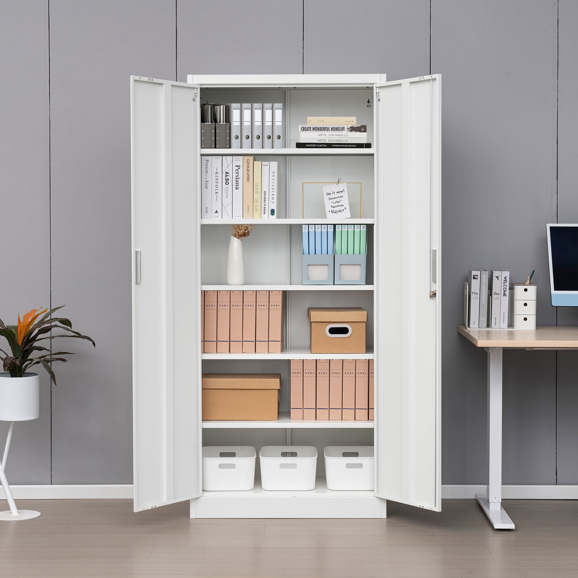 Metal Storage Cabinet, 71" H Locking Cabinet with 5 Adjustable Shelves, Garage Cabinet for Office, Home, Pantry-White