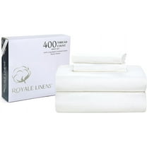 Royale Linens 400 Thread Count 100% Cotton 4 Piece Sateen Queen Sheet Set - Fitted Sheet, Flat Sheet, Pillow Case (Signature White, Queen Sheet Set)