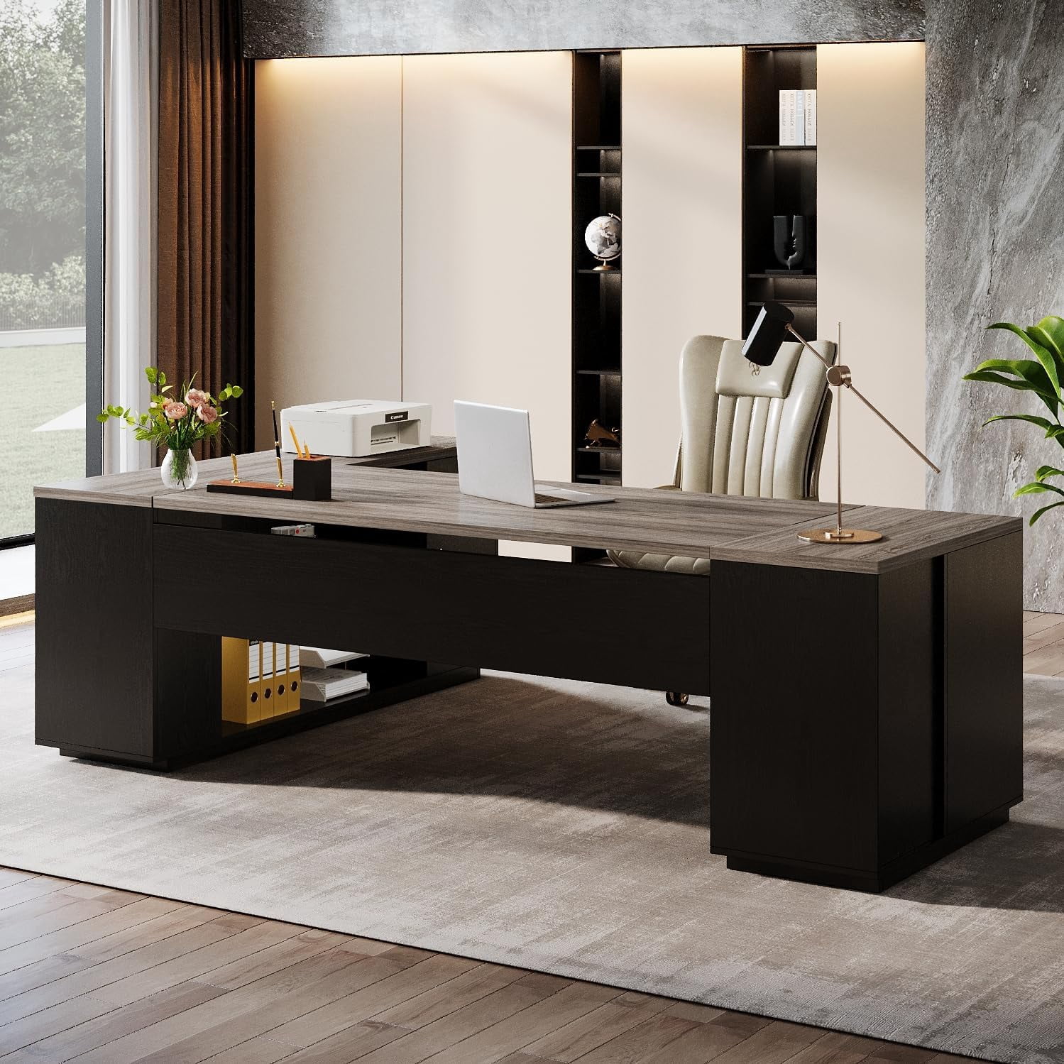 85.8-Inch L-Shaped Executive Desk with File Drawers, Door Cabinet & Shelves