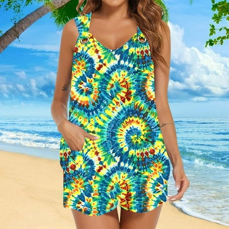 Juslio Women Pants Summer Loose Casual Two-piece Suit With Pocket Gradient Print Sleeveless Tank Set Women Shorts L Green
