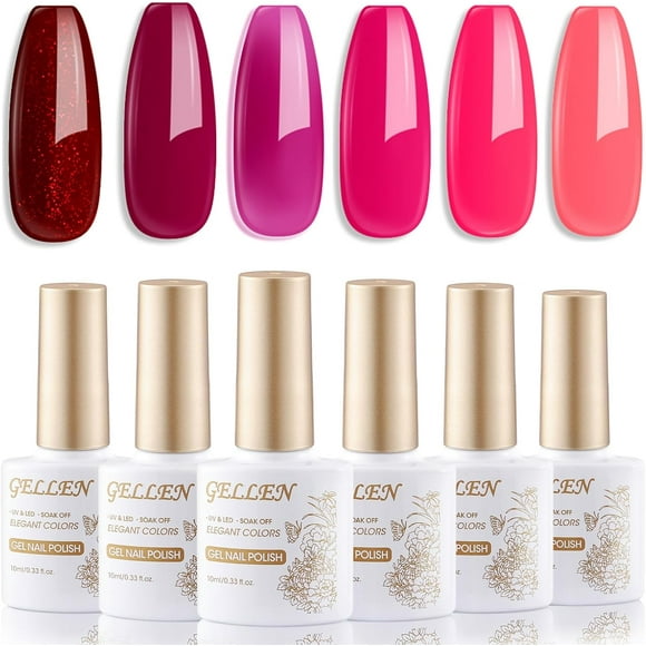 TRAHOO-Red Gel Nail Polish Set 6 Colors 10 ML Pink Burgundy Glossy Shimmer Glitter Gel Polish Kit UV Soak Off UV Gel X Nail Art Manicure Salon DIY at Home Nails Gift for Women Girls