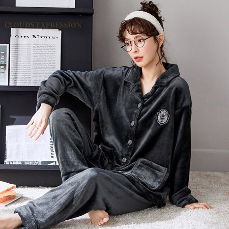 

QWZNDZGR Autumn Winter Warm Flannel Zipper Couple Pajama Sets Women Sleepwear Matching Pijama Young Lover Homewear Casual Loung Fashion