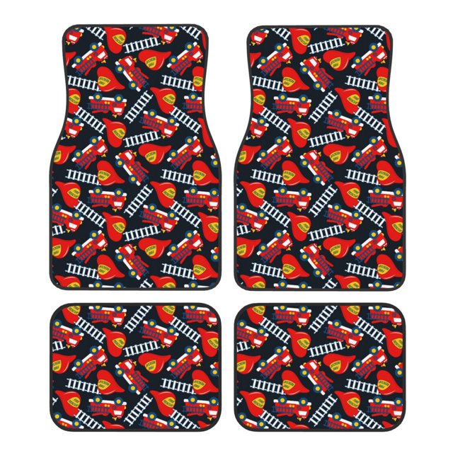 Lsque Fire Rescue avec Casque Rouge et Imprimé Camion, Tapis de Sol 4 Pcs, Doublures en Caoutchouc Résistantes, Design Antidérapant, Protection Automobile Toutes Saisons, Véhicules, Voitures, Camions et SUV